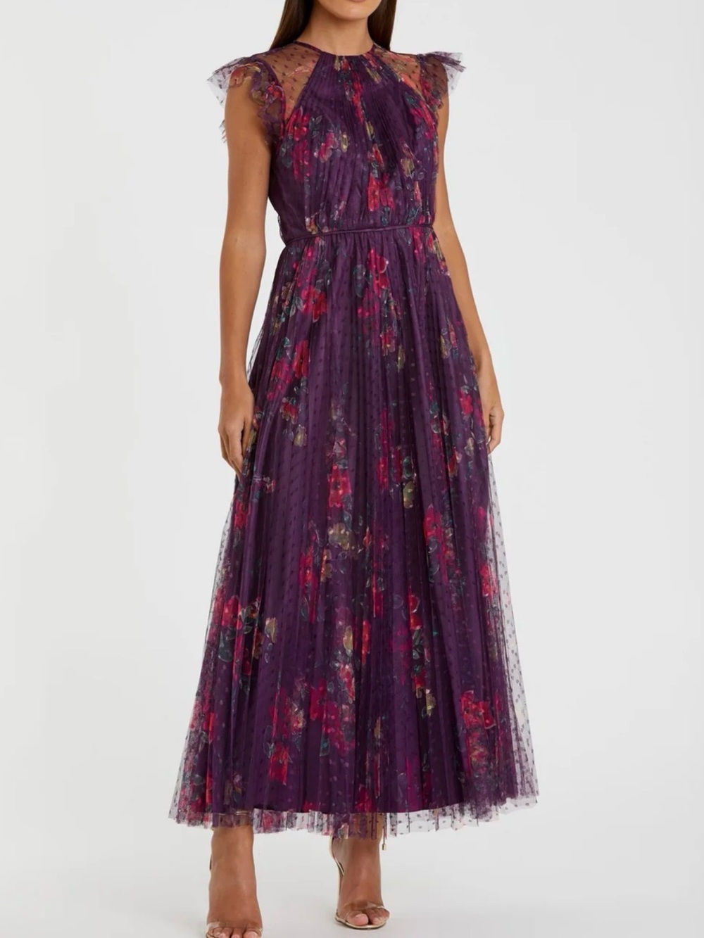 Mac Duggal New Plum Floral Tulle Maxi Dress
